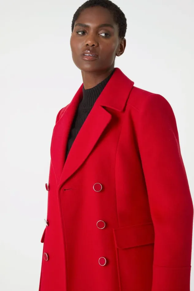 Women Red Double Breasted Longline Coat Roman Jackets