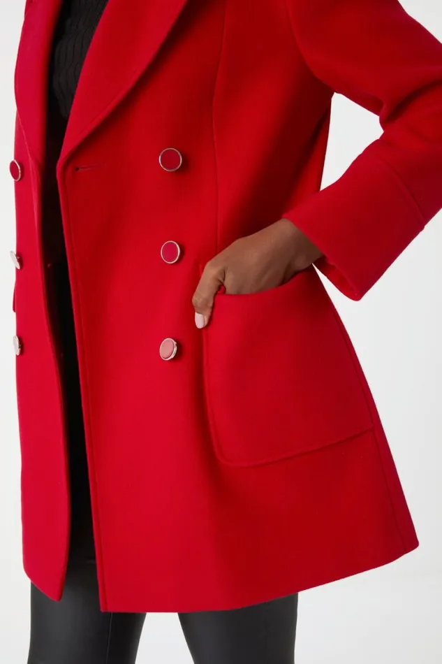 Women Red Double Breasted Longline Coat Roman Jackets