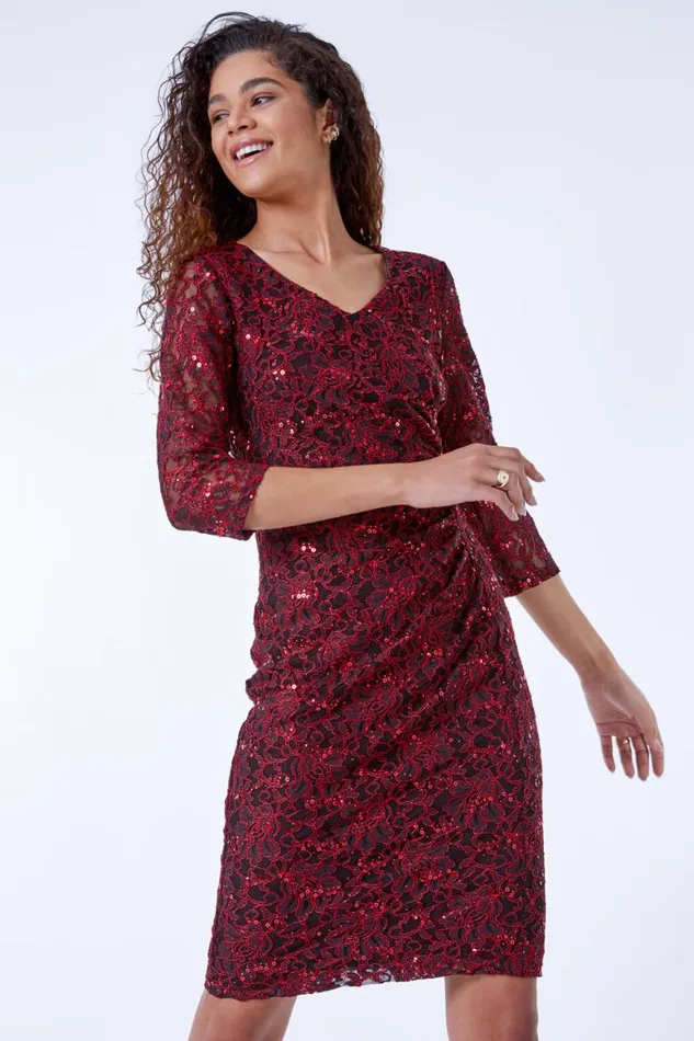 Women Red Embellished Ruched Lace Dress Roman Dresses