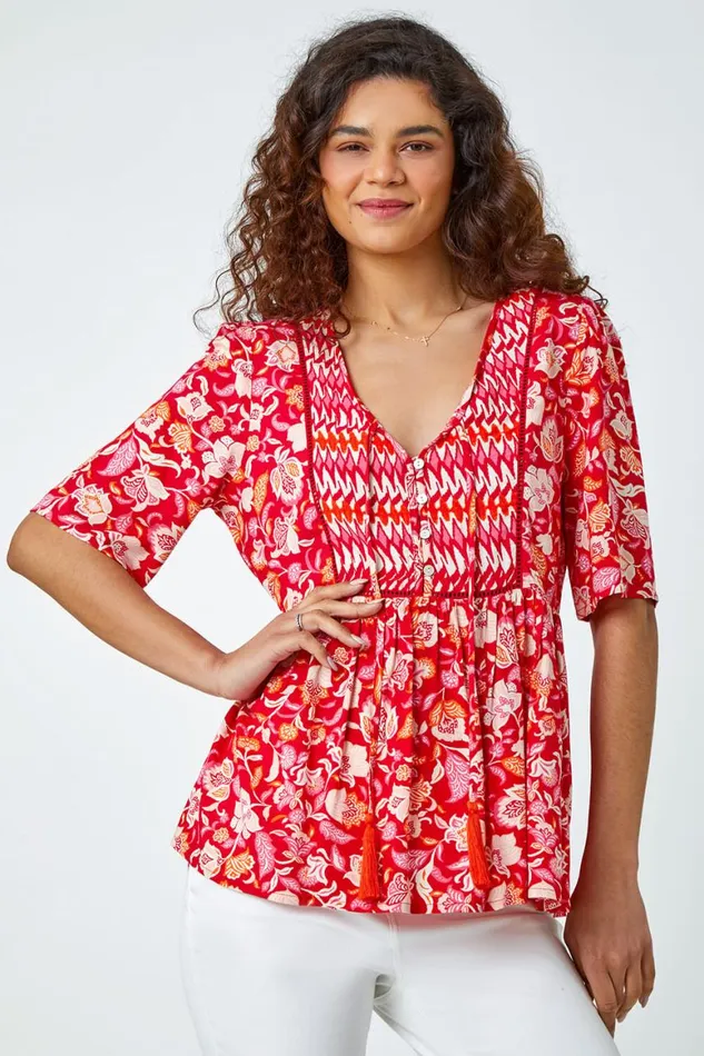 Women Red Floral Border Tie VNeck Smock Top Roman Tops