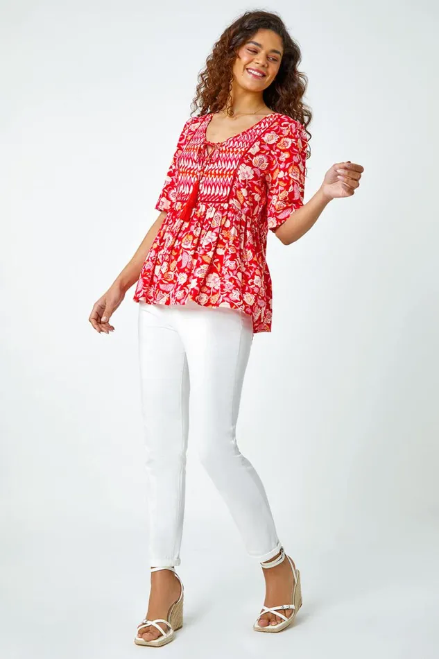 Women Red Floral Border Tie VNeck Smock Top Roman Tops