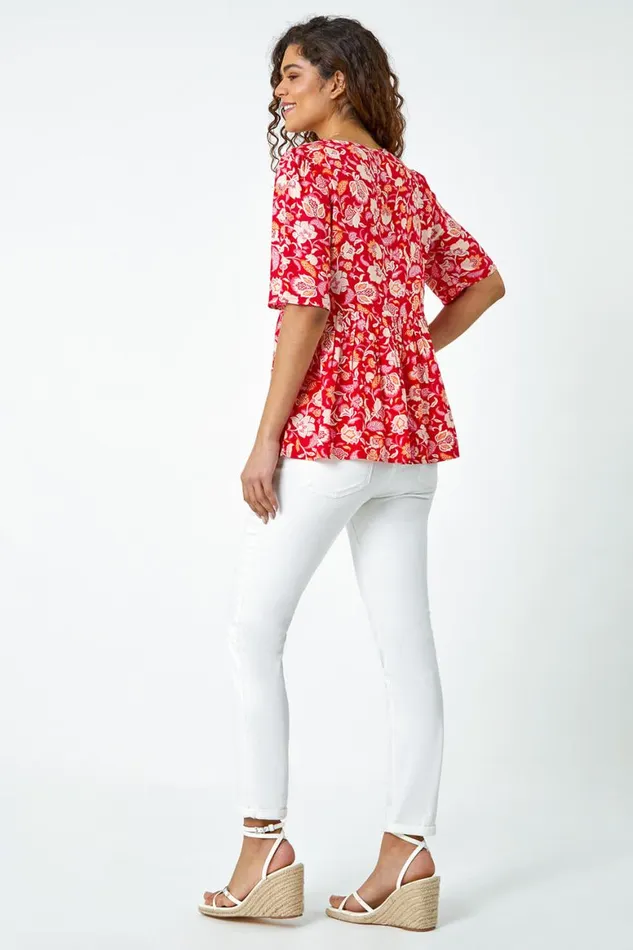 Women Red Floral Border Tie VNeck Smock Top Roman Tops