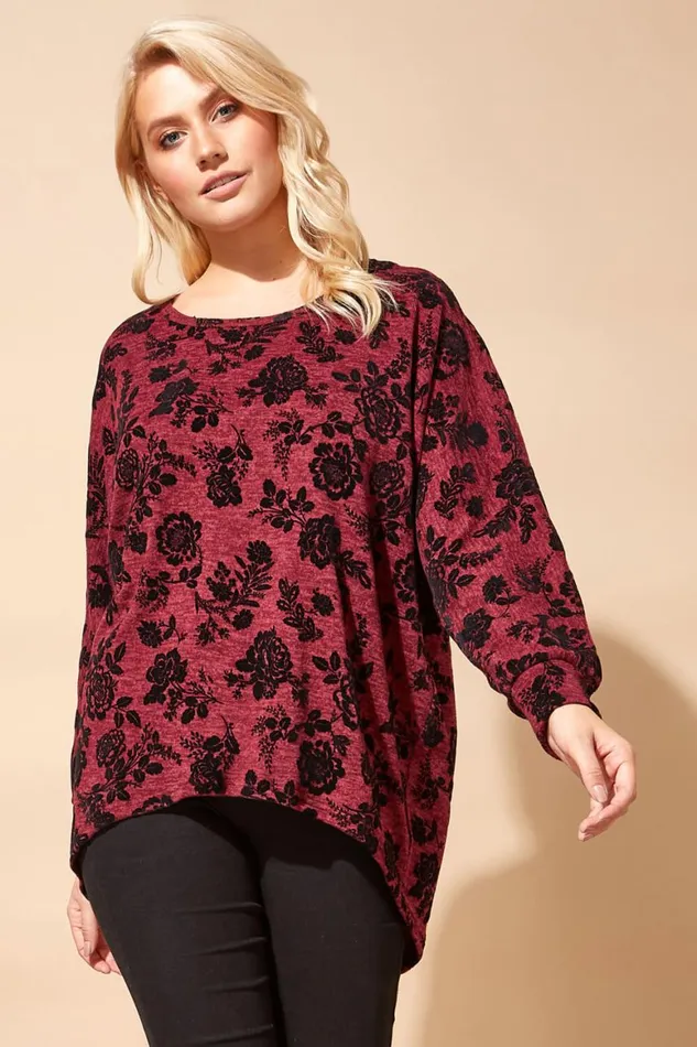 Women Red Floral Flock Print Top Roman Tops