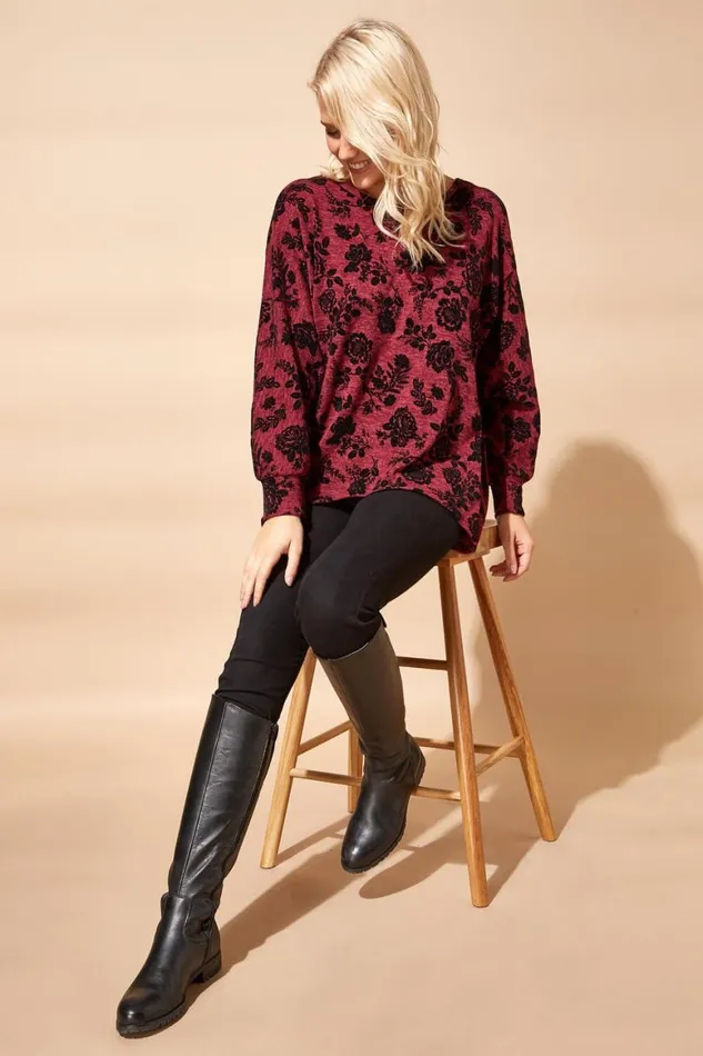 Women Red Floral Flock Print Top Roman Tops