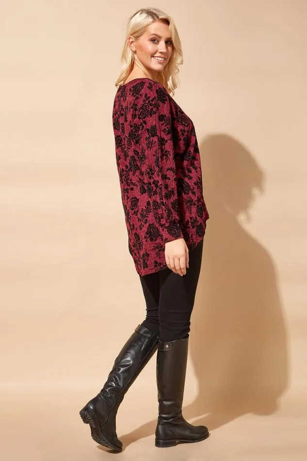 Women Red Floral Flock Print Top Roman Tops