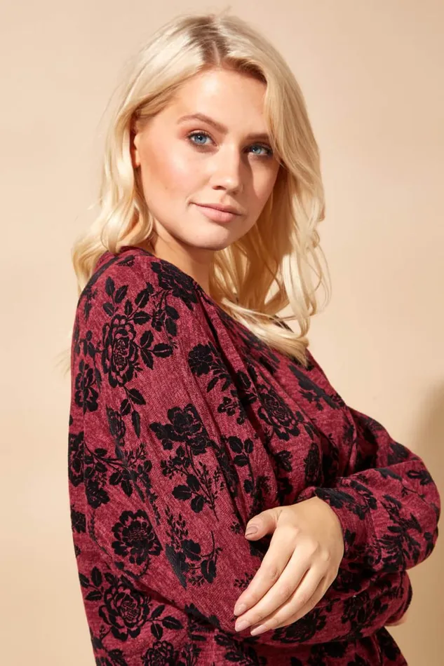 Women Red Floral Flock Print Top Roman Tops