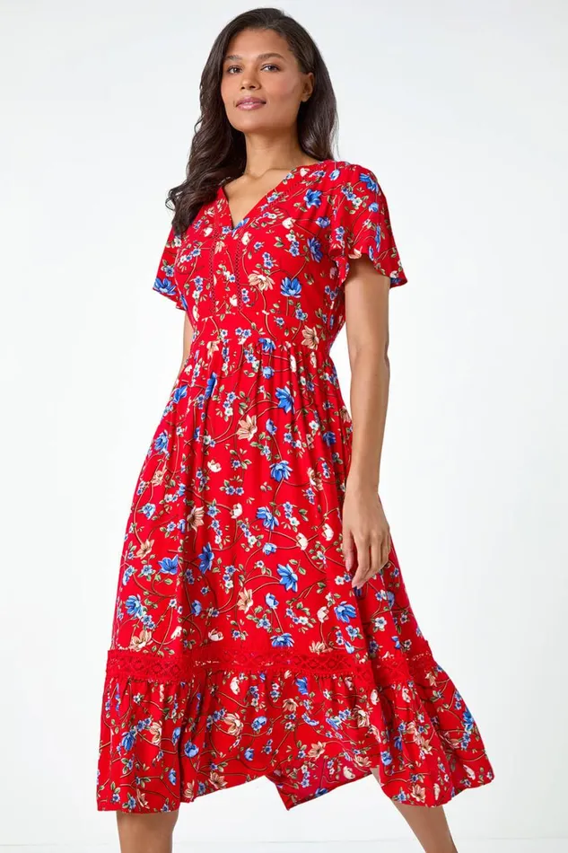 Women Red Floral Lace Trim Pocket Midi Dress Roman Dresses