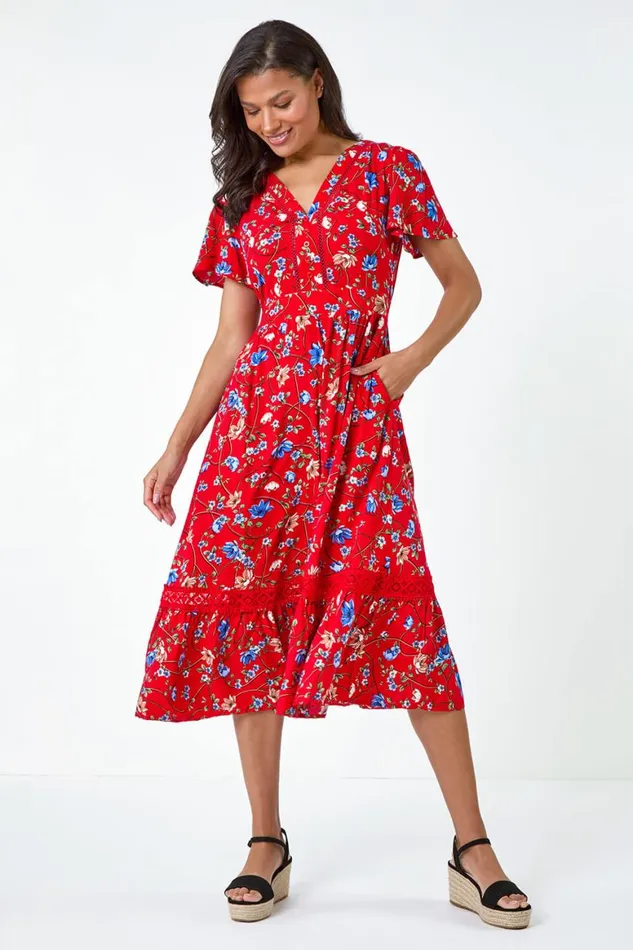 Women Red Floral Lace Trim Pocket Midi Dress Roman Dresses