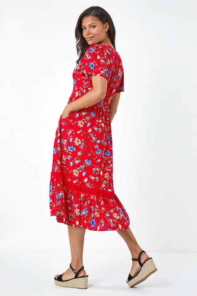 Women Red Floral Lace Trim Pocket Midi Dress Roman Dresses