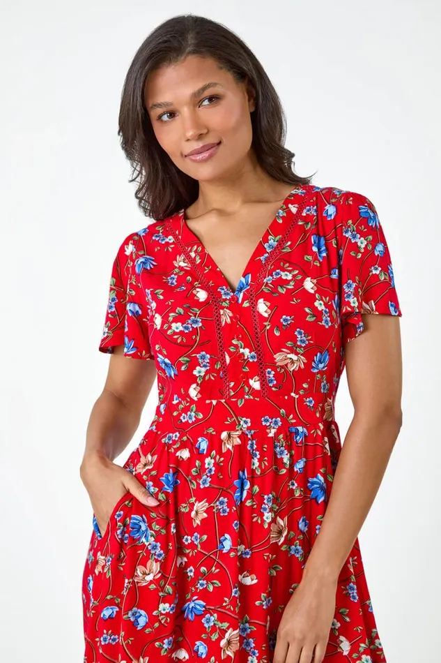 Women Red Floral Lace Trim Pocket Midi Dress Roman Dresses