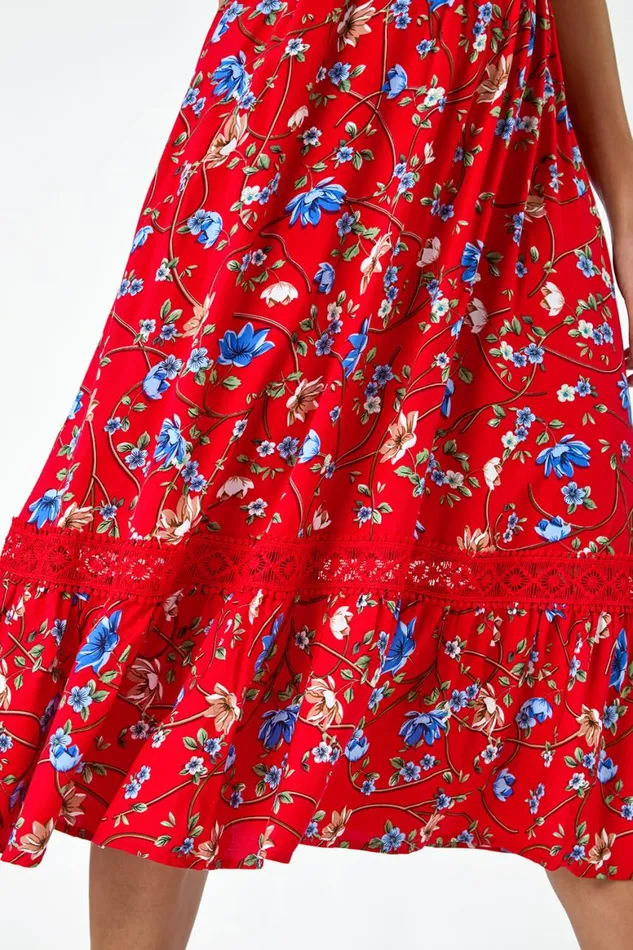 Women Red Floral Lace Trim Pocket Midi Dress Roman Dresses
