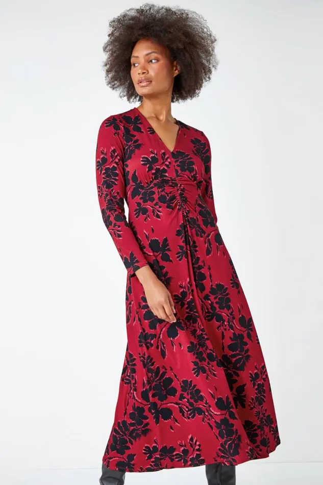 Women Red Floral Print Ruched Midi Stretch Dress Roman Dresses