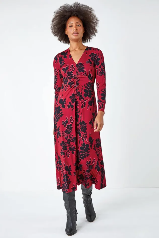 Women Red Floral Print Ruched Midi Stretch Dress Roman Dresses