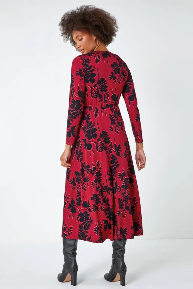 Women Red Floral Print Ruched Midi Stretch Dress Roman Dresses
