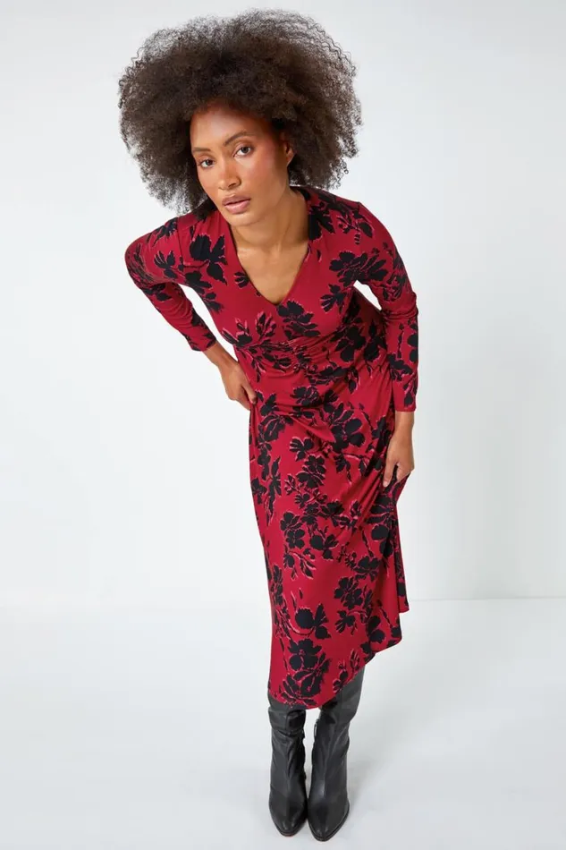 Women Red Floral Print Ruched Midi Stretch Dress Roman Dresses