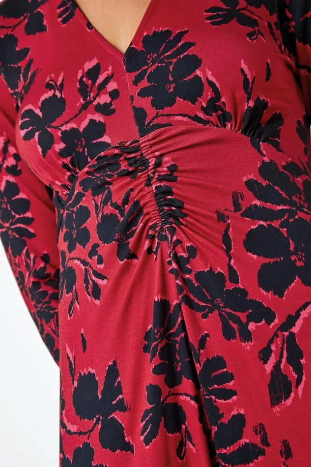 Women Red Floral Print Ruched Midi Stretch Dress Roman Dresses