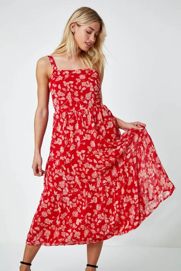 Women Red Floral Print Tiered Maxi Dress Roman Dresses