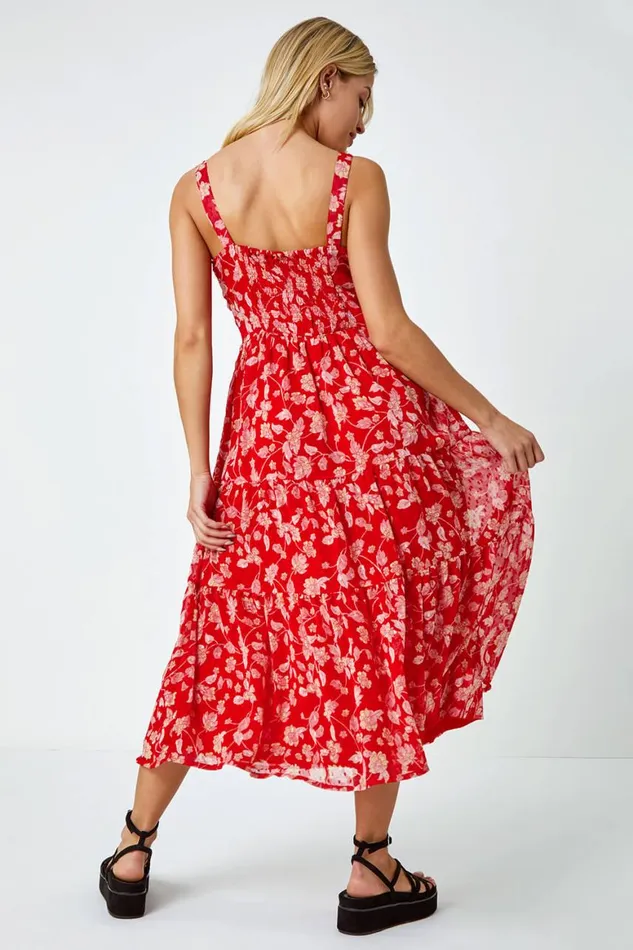Women Red Floral Print Tiered Maxi Dress Roman Dresses