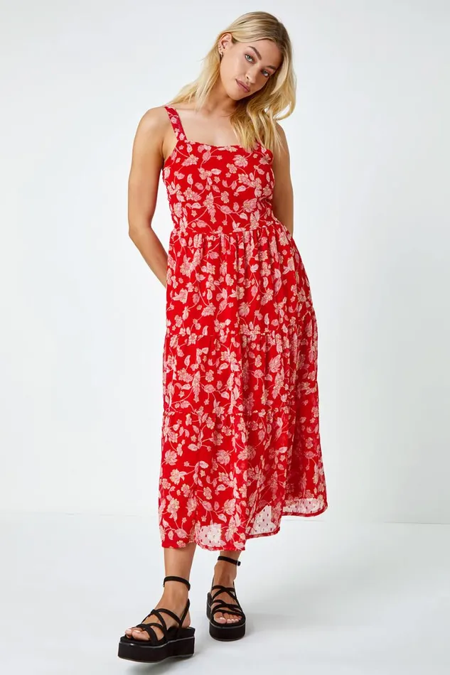 Women Red Floral Print Tiered Maxi Dress Roman Dresses