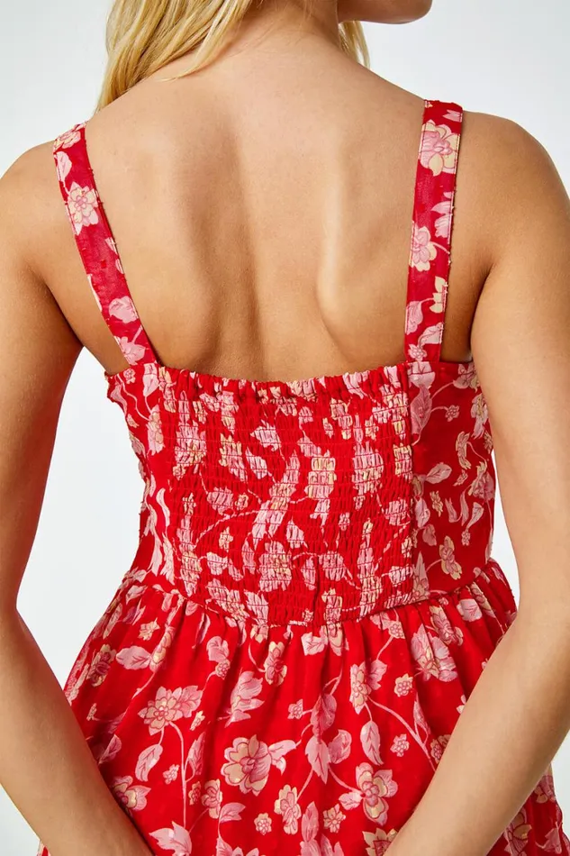 Women Red Floral Print Tiered Maxi Dress Roman Dresses