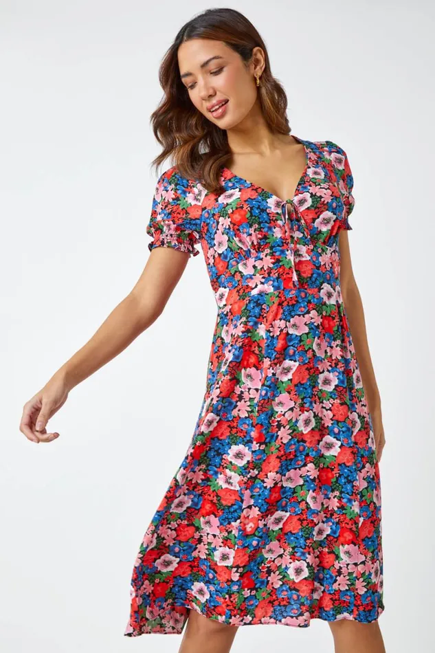 Women Red Frill Sleeve Floral Tea Dress Roman Dresses