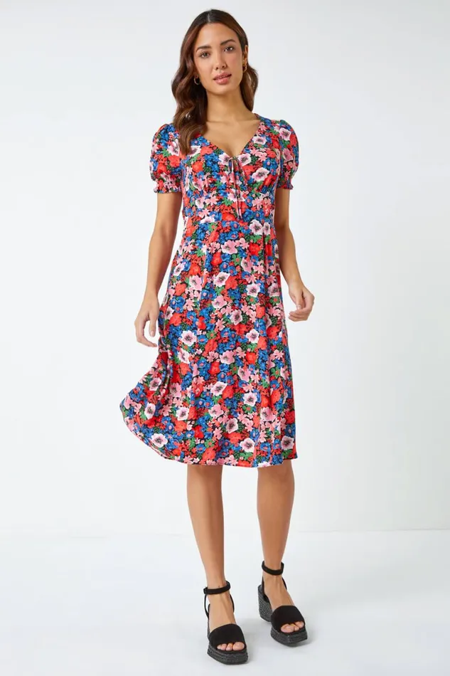 Women Red Frill Sleeve Floral Tea Dress Roman Dresses