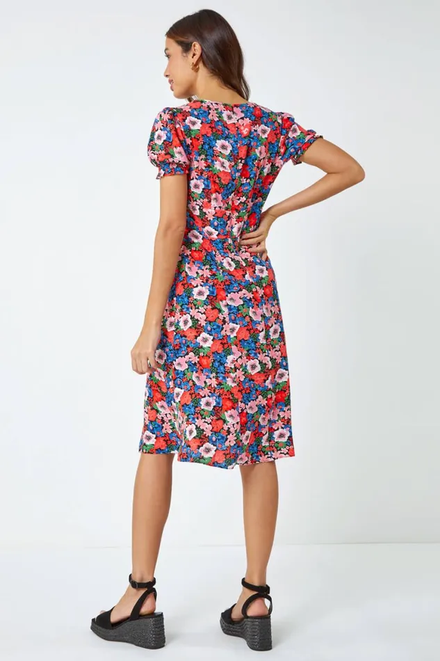 Women Red Frill Sleeve Floral Tea Dress Roman Dresses