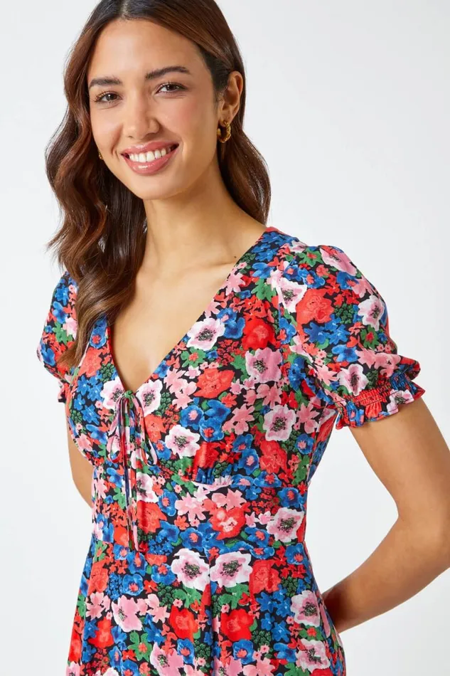 Women Red Frill Sleeve Floral Tea Dress Roman Dresses