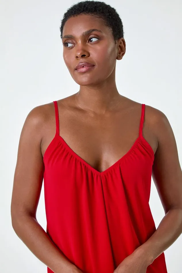 Women Red Gathered VNeck Stretch Vest Top Roman Tops