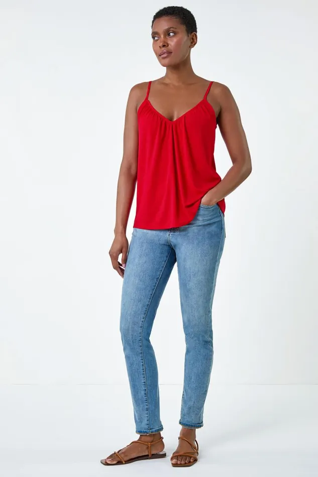 Women Red Gathered VNeck Stretch Vest Top Roman Tops
