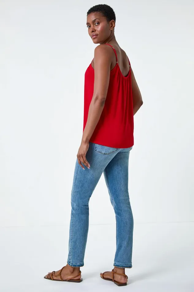 Women Red Gathered VNeck Stretch Vest Top Roman Tops