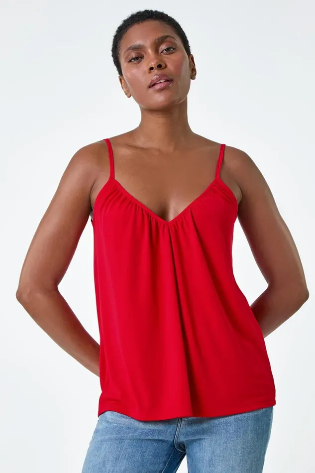 Women Red Gathered VNeck Stretch Vest Top Roman Tops