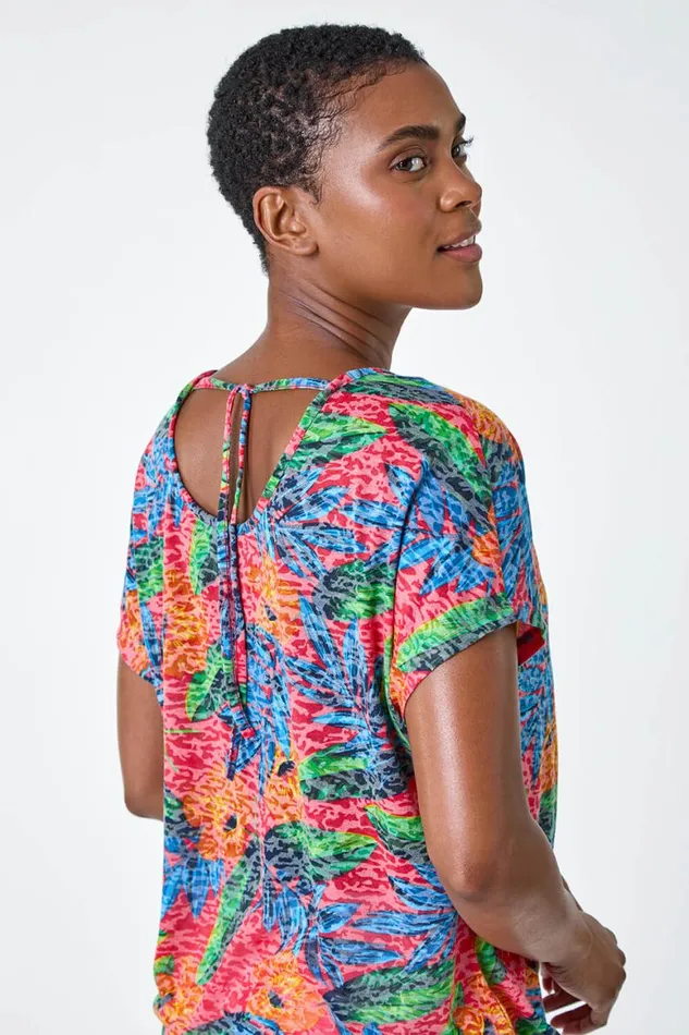 Women Red Leaf Print Burnout Stretch TShirt Roman Tops