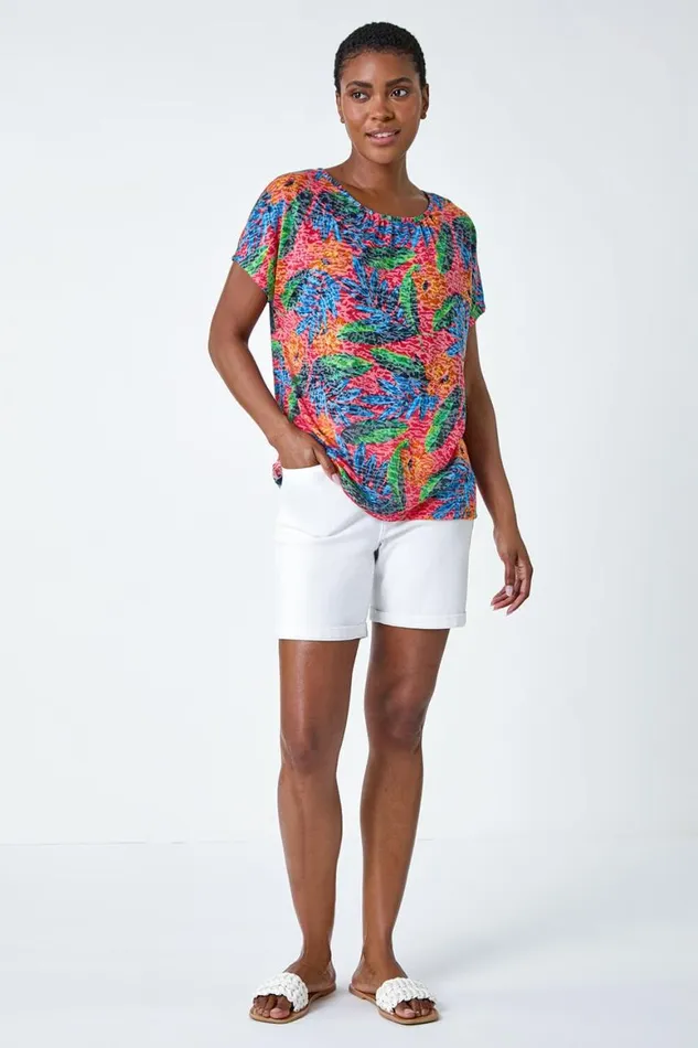 Women Red Leaf Print Burnout Stretch TShirt Roman Tops