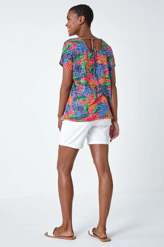 Women Red Leaf Print Burnout Stretch TShirt Roman Tops