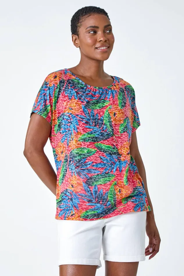 Women Red Leaf Print Burnout Stretch TShirt Roman Tops