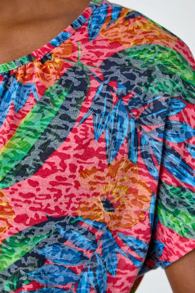 Women Red Leaf Print Burnout Stretch TShirt Roman Tops