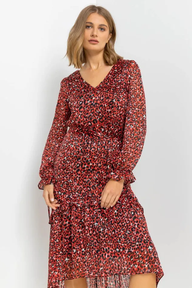 Women Red Leopard Print Shimmer Chiffon Tiered Dress Roman Dresses