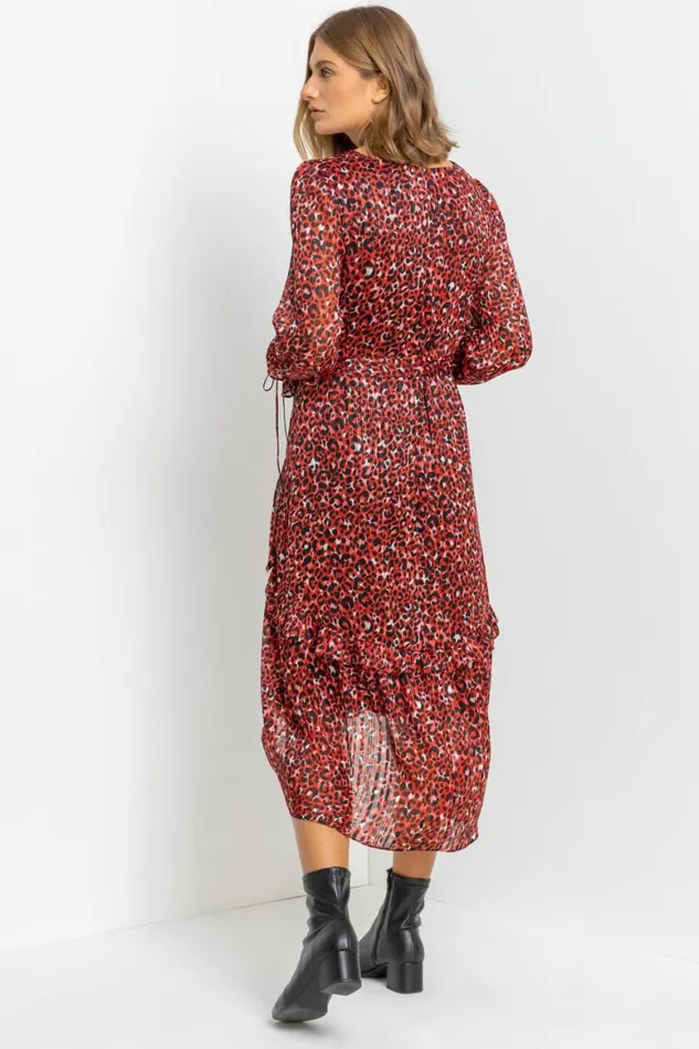 Women Red Leopard Print Shimmer Chiffon Tiered Dress Roman Dresses