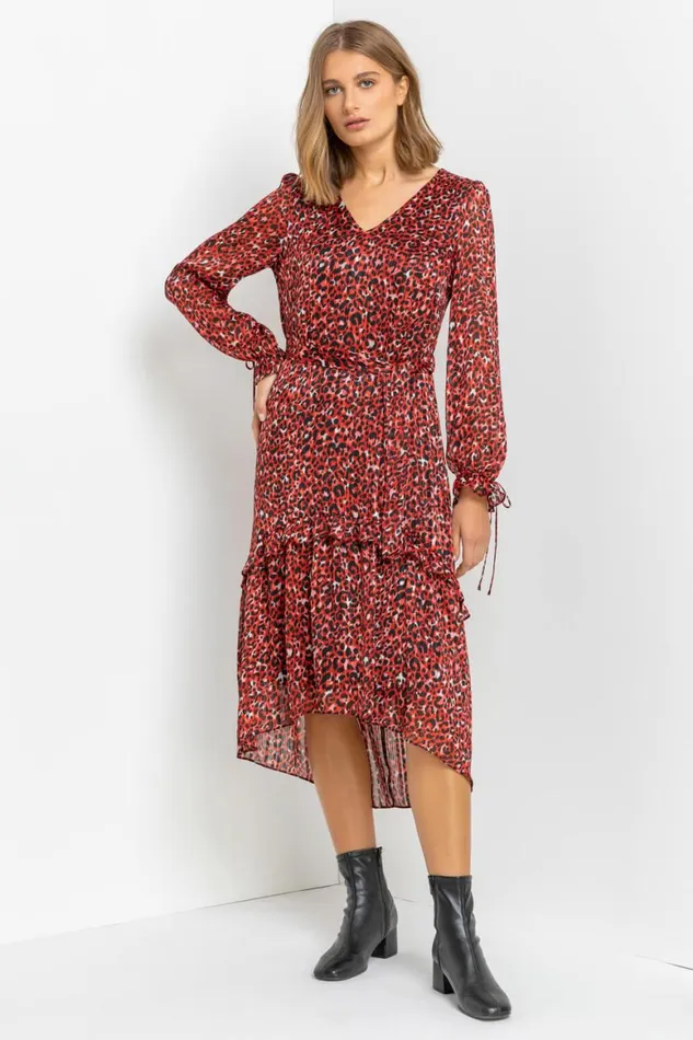 Women Red Leopard Print Shimmer Chiffon Tiered Dress Roman Dresses