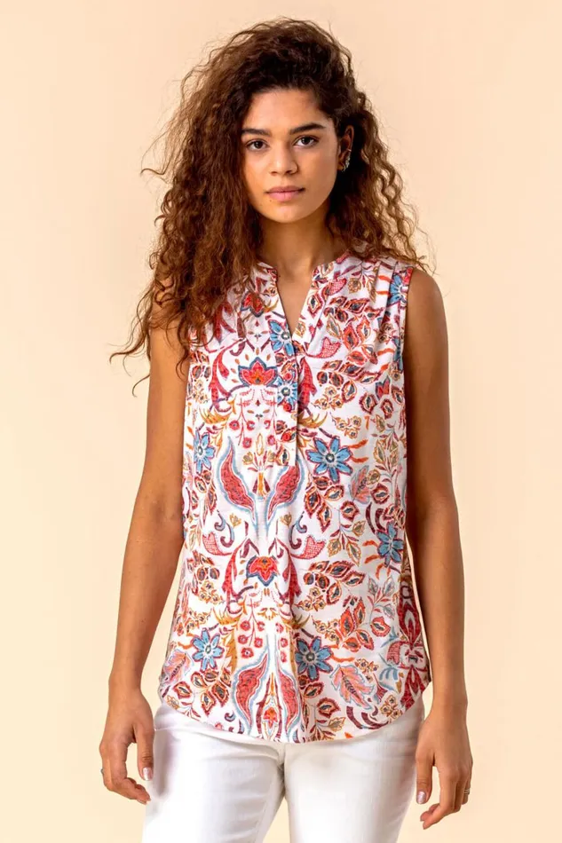 Women Red Paisley Floral Print Sleeveless Top Roman Tops