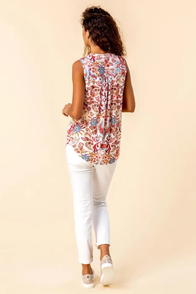 Women Red Paisley Floral Print Sleeveless Top Roman Tops