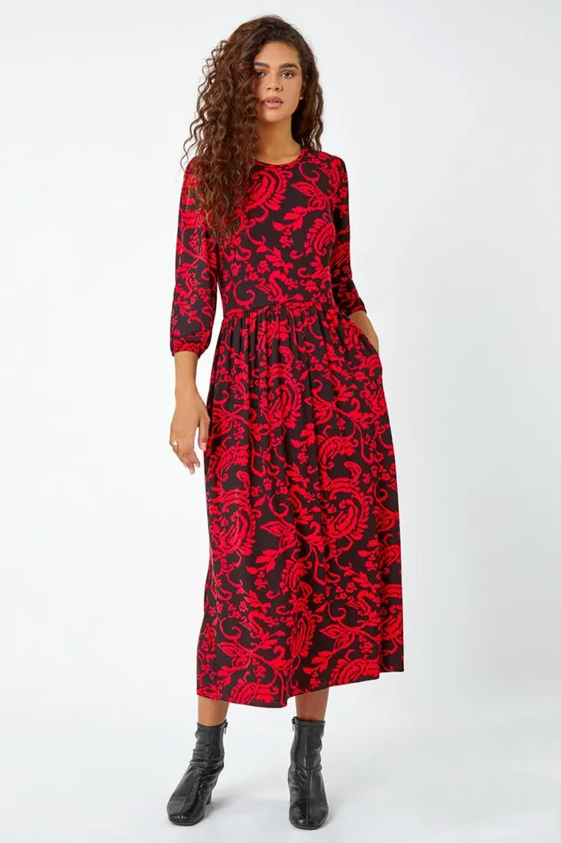 Women Red Paisley Print Pocket Midi Stretch Dress Roman Dresses