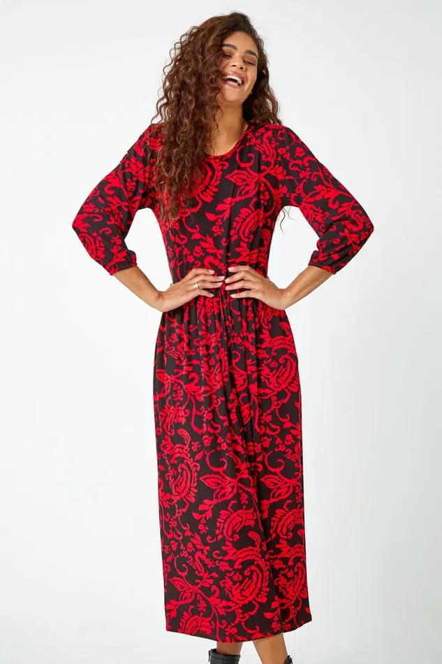 Women Red Paisley Print Pocket Midi Stretch Dress Roman Dresses