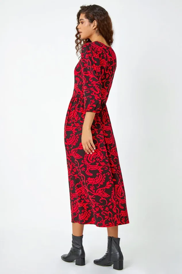 Women Red Paisley Print Pocket Midi Stretch Dress Roman Dresses