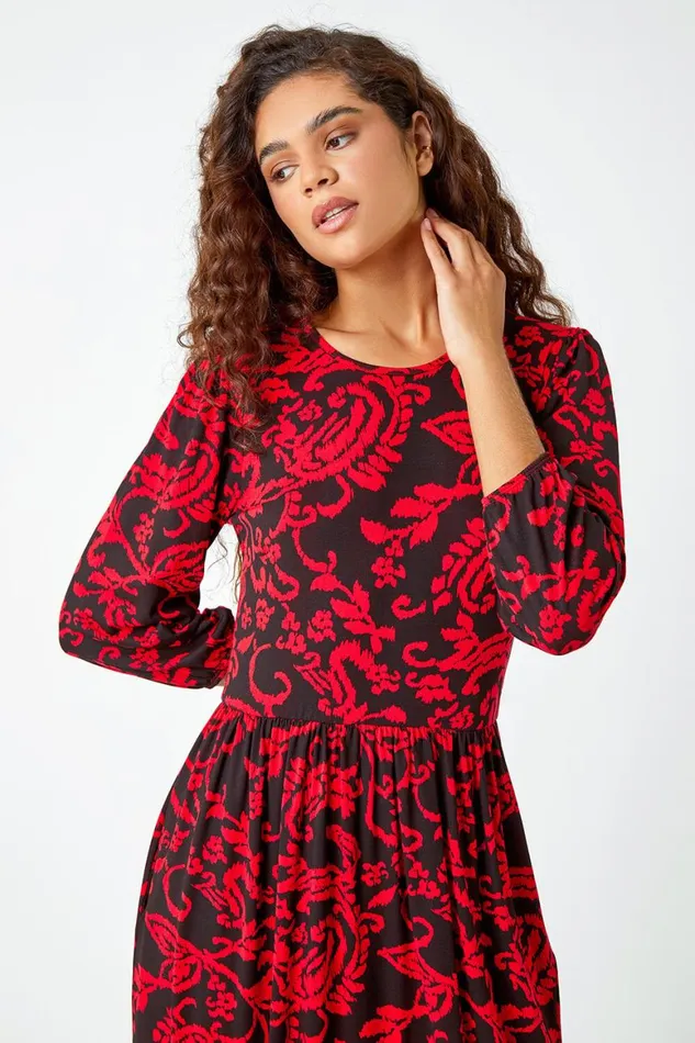 Women Red Paisley Print Pocket Midi Stretch Dress Roman Dresses