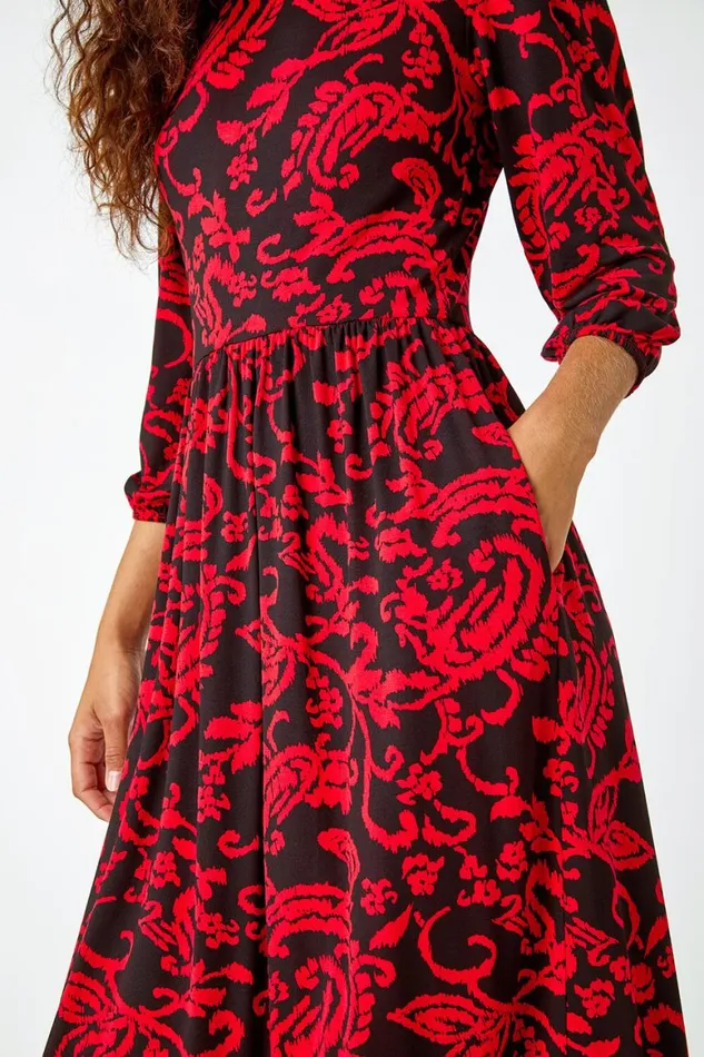 Women Red Paisley Print Pocket Midi Stretch Dress Roman Dresses