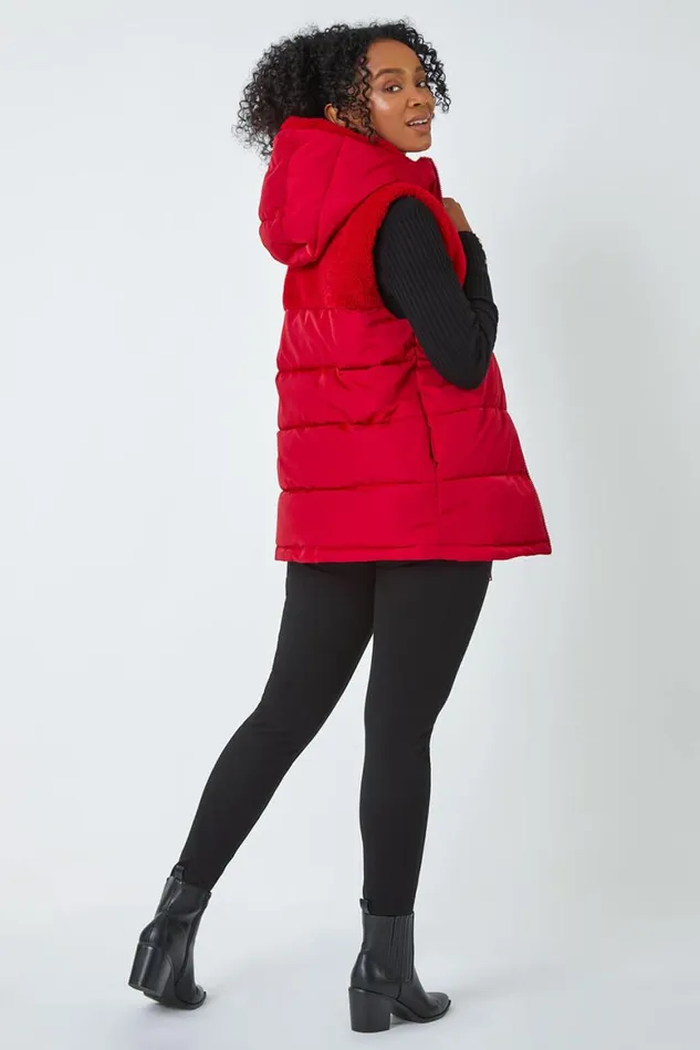 Women Red Petite Borg Detail Hooded Padded Gilet Roman Coats