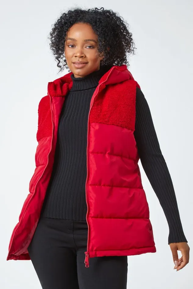 Women Red Petite Borg Detail Hooded Padded Gilet Roman Coats
