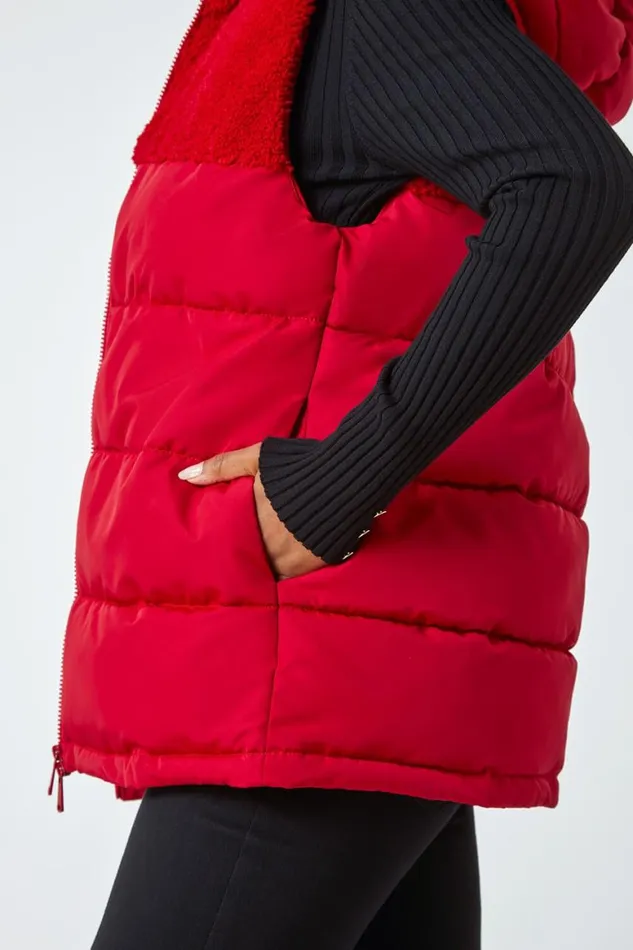 Women Red Petite Borg Detail Hooded Padded Gilet Roman Coats